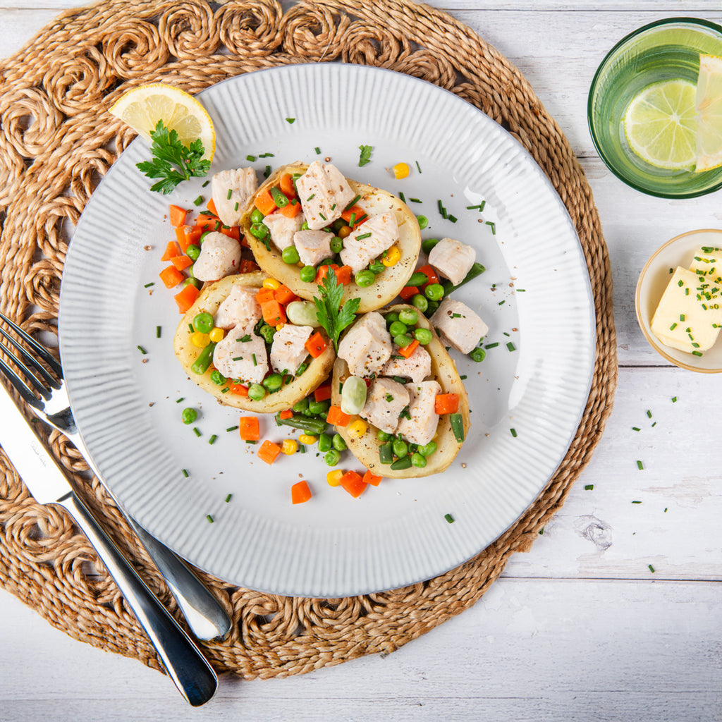 Chicken, Potato Skins & Mixed Veg